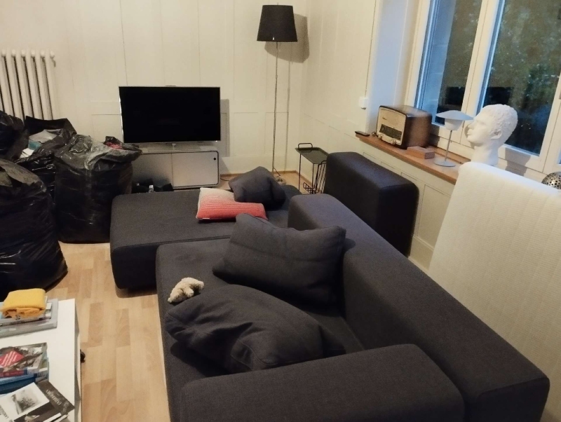 In einem unaufgeraeumten Wohnzimmer in Muttenz weist die Situation auf moeglichen Befall durch Bettwanzen hin, was den Einsatz eines Kammerjaeger erfordert.