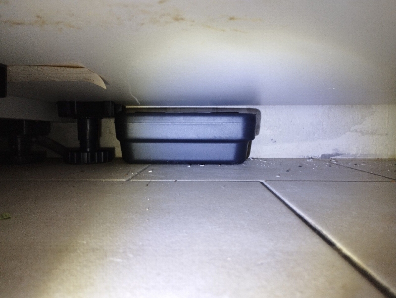 Unter einem Kuechenmoebel in Buckten steht eine geschuetzte Koederbox, die auf eine Kontrolle gegen Ratten hindeutet und den Kammerjaeger einbezieht.