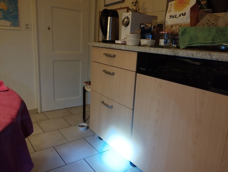 Im Kuechenbereich von Buckten deutet eine helle Kontrolle am Unterschrank auf moegliche Maeuseaktivitaet hin, was den Einsatz eines Kammerjaegers erforderlich macht.