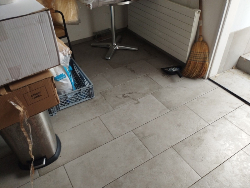 Auf dem gefliesten Boden in Grellingen deuten verstreute Spuren und angeknabberte Kartonreste auf eine moegliche Rattenaktivitaet hin, was den Einsatz eines Kammerjaegers erfordert.