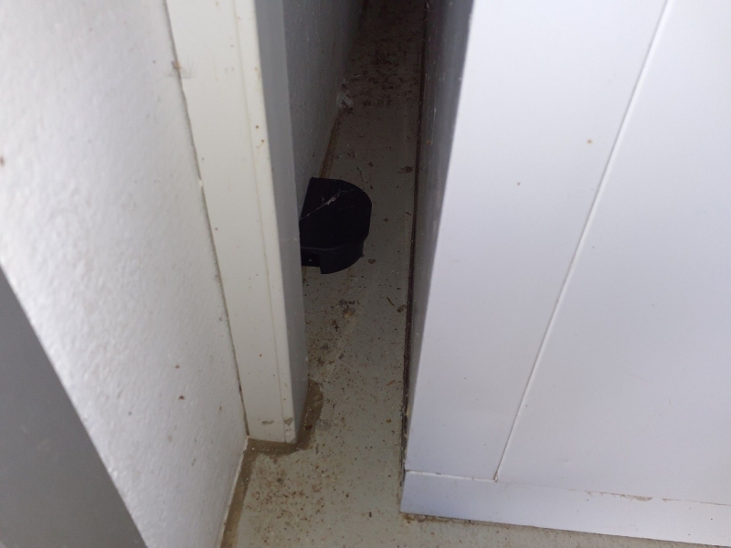 In Laeufelfingen weist eine platzierte Koederbox in einer schmalen Nische auf moeglichen Rattenbefall hin, weshalb ein Kammerjaeger erforderlich ist.