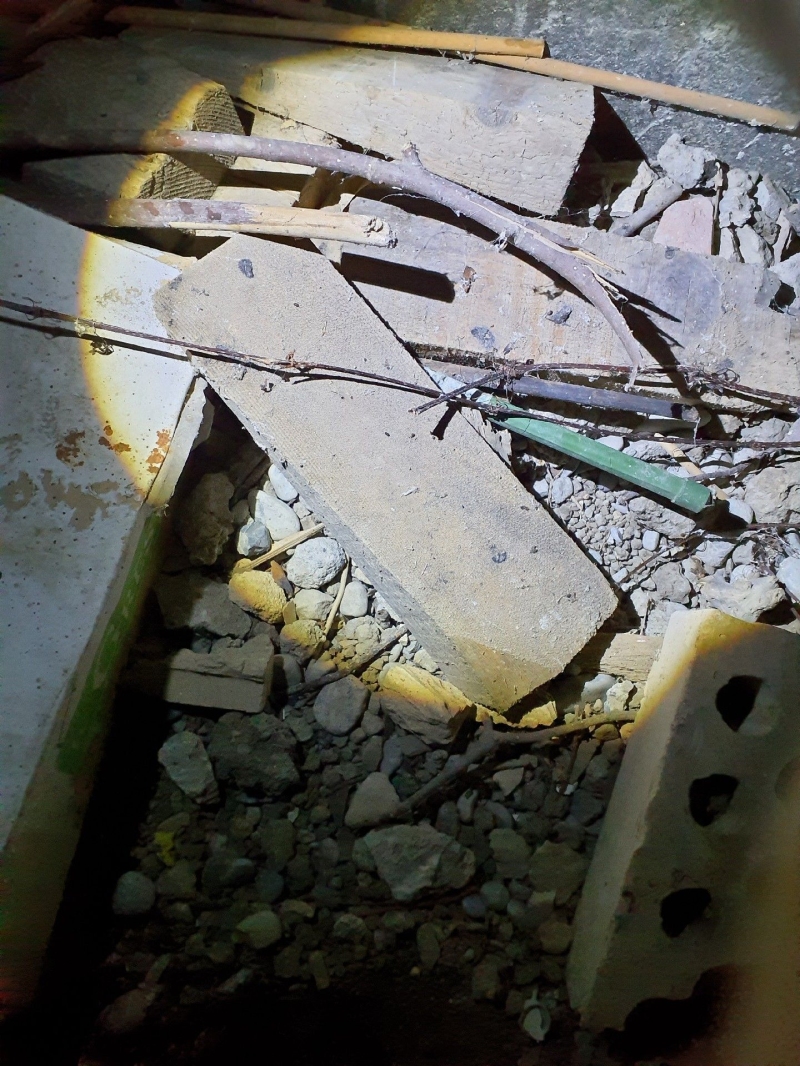 Zwischen Schutt und Holzresten in Laufen deuten Spuren auf moegliche Rattenaktivitaet hin, bei der ein Kammerjaeger gegebenenfalls eingreifen muss.