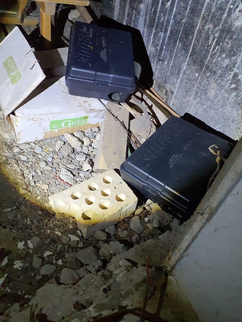 Zwischen Schutt und Koederboxen in Lauwil deutet die geschuetzte Ecke auf moegliche Maeuseaktivitaet hin, fuer die ein Kammerjaeger notwendig werden kann.