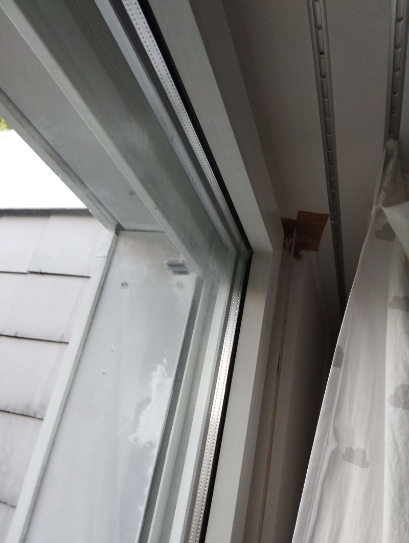 Am offenen Fensterbereich in Augst klebt ein kleines Wespennest in der oberen Ecke und weist auf einen notwendigen Einsatz durch einen Kammerjaeger hin.
