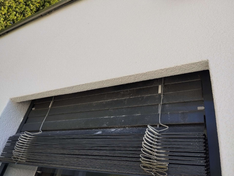 Vor der weissen Fassade in Bretzwil befindet sich ein verstecktes Hornissennest hinter den Lamellen des Hochlasses, was den Einsatz eines Kammerjaegers notwendig machen kann.