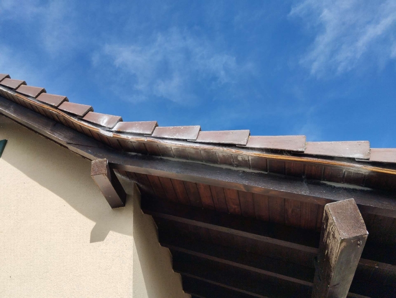 Am Dachvorsprung eines Hauses in Buus deutet die geschuetzte Stelle auf ein moegliches Wespennest hin, was den Einsatz eines Kammerjaegers erforderlich machen kann.