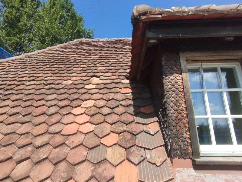 Zwischen den alten Dachziegeln eines Hauses in Itingen deutet ein verdeckter Bereich auf ein moegliches Hornissennest hin, das den Einsatz eines Kammerjaegers erforderlich macht.