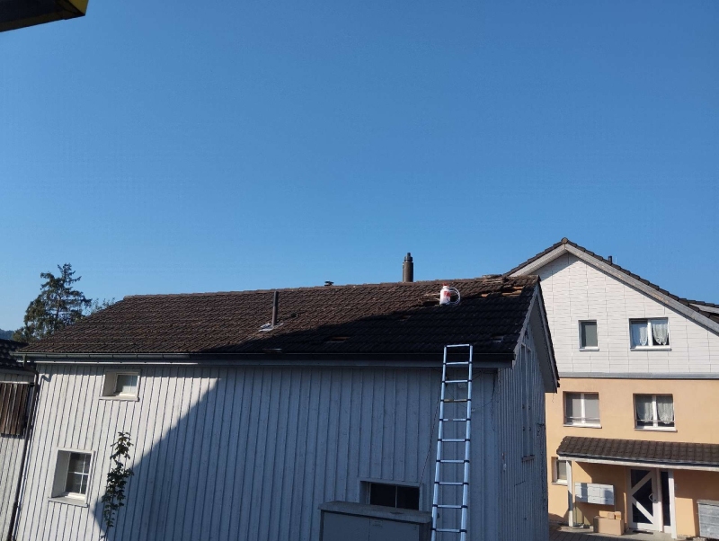 Auf dem Dach eines Hauses in Kaenerkinden beseitigt ein Kammerjaeger ein verborgenes Hornissennest unter sonnigem Himmel.