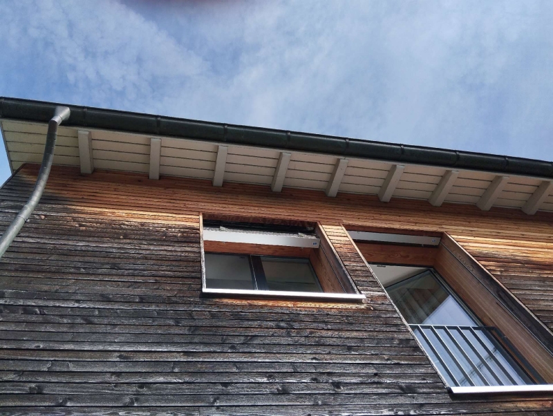 Unter dem Dachvorsprung eines Holzhauses in Nenzlingen befindet sich ein verstecktes Hornissennest, das eine sichere Entfernung durch einen Kammerjaeger verlangt.