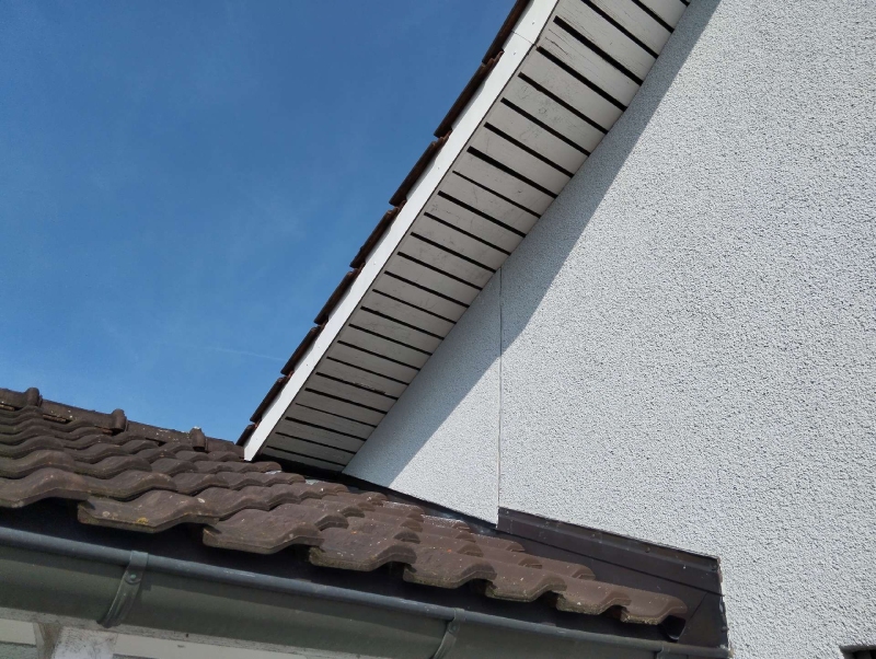 Unter dem Dachvorsprung in Oberwil liegt der Schatten auf der weissen Fassade, wo ein Wespennest haengen kann und ein Kammerjaeger notwendig wird.
