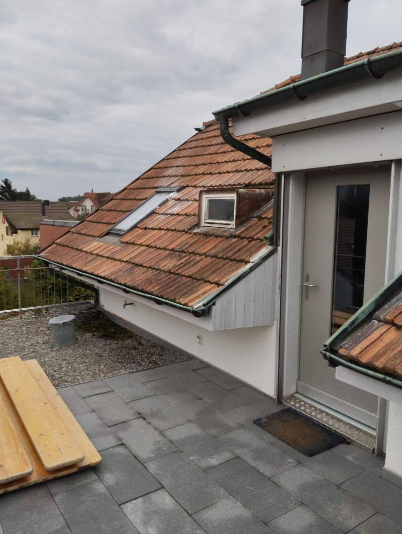 Am Dachbereich einer Terrasse in Oltingen wird ein moegliches Hornissennest vermutet, was einen Kammerjaeger auf einen noetigen Kontrollgang hinweist.