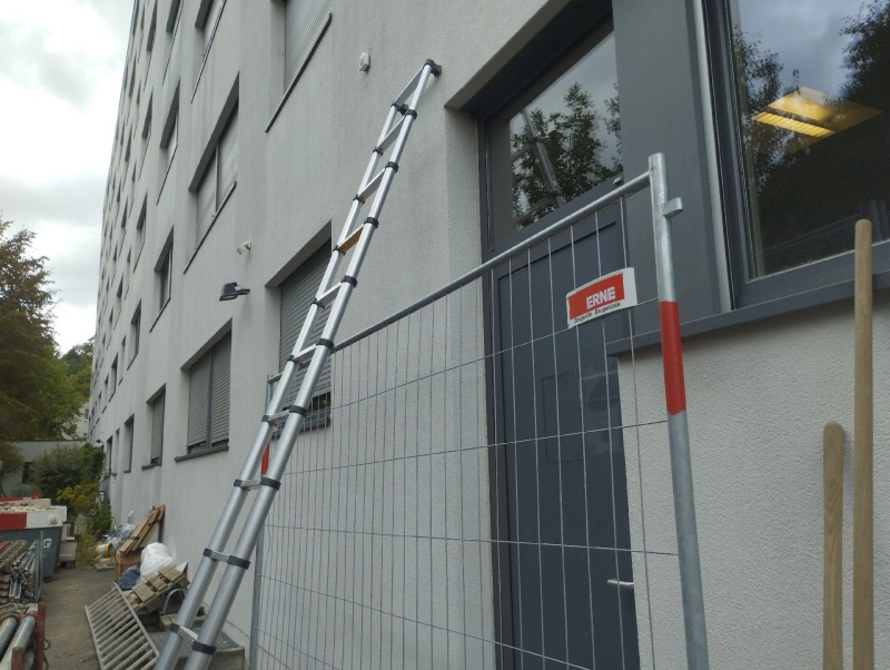 An einer Fassade in Reigoldswil deutet die hoch angesetzte Leiter auf ein vermutetes Hornissennest hin, das den Einsatz eines Kammerjaegers notwendig macht.