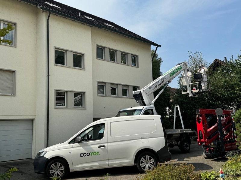 Ein Kammerjaeger fuehrt in Aesch eine Arbeit an der Hausfassade aus, waehrend zwei Fachpersonen in Schutzanzuegen auf einer Hebebuehne neben dem Gebäude stehen.