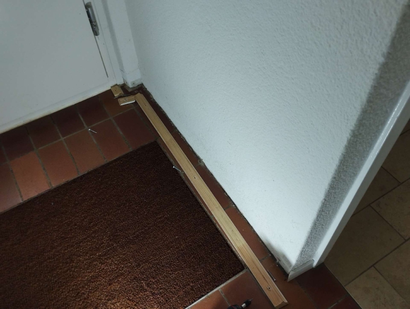 Am Eingang eines Flurs in Binningen deuten dunkle Spuren entlang der Bodenfuge auf Ameisenbefall hin, der den Einsatz eines Kammerjaegers nahelegt.
