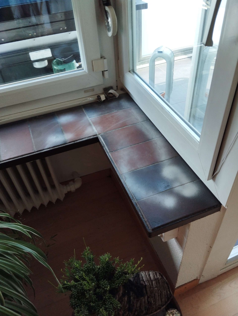 Auf der gefliesten Fensterbank in Frenkendorf deuten vereinzelte Spuren auf moegliche Ameisenaktivitaet hin, was den Einsatz eines Kammerjaegers nahelegt.