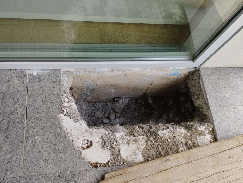 Neben einer ausgebrochenen Bodenstelle an der Terrassentuer in Kaenerkinden weist deutliche Ameisenaktivitaet auf den noetigen Einsatz eines Kammerjaegers hin.