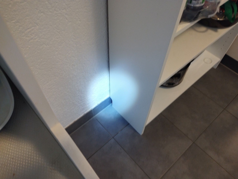 In Roeschenz leuchtet eine Lampe auf eine Ecke hinter einem Regal, wo ein Kammerjaeger eine moegliche Ameisenspur kontrolliert.