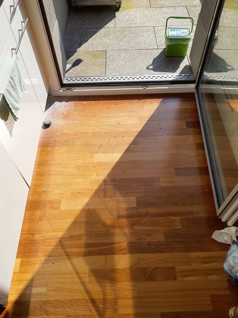 In Roeschenz zeigen verstreute Krue mel auf dem Holzfussboden vor der offenen Terrassentuere eine moegliche Ameisenaktivitaet, die einen Kammerjaeger erfordert.