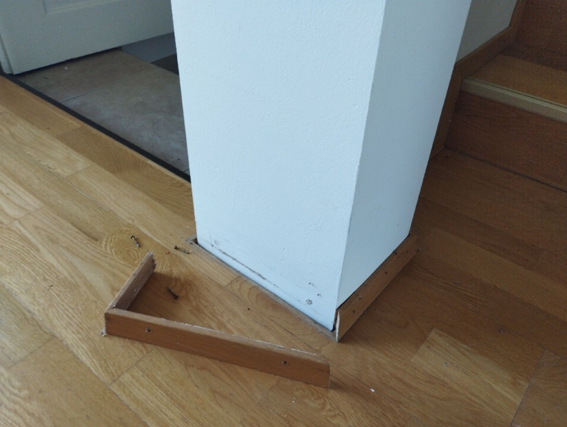 Am Sockel einer Innenstuetze in Schoenenbuch deuten verstreute Ameisen und lose Holzleisten auf eine moegliche Befallsstelle hin, die den Einsatz des Kammerjaeger erfordert.